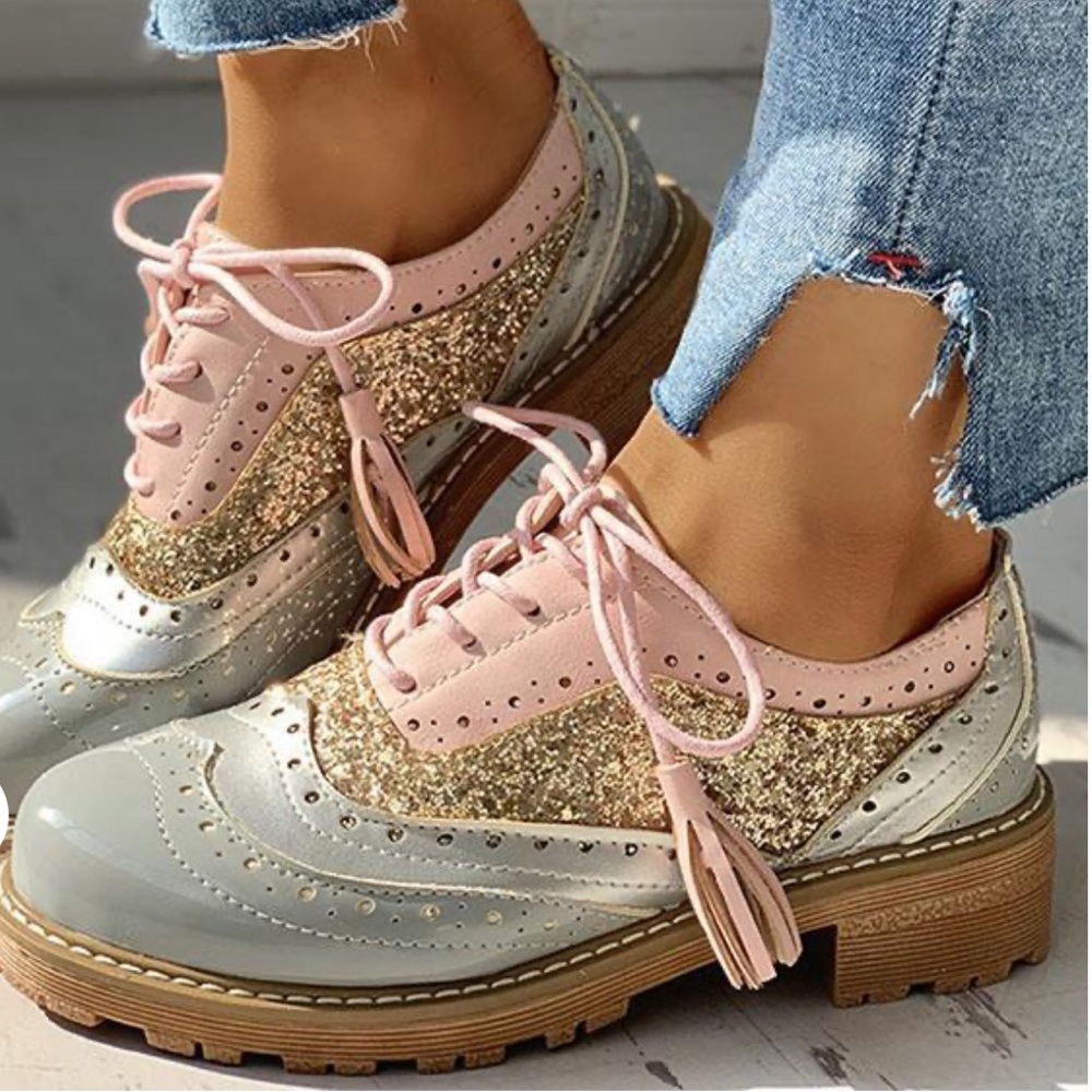 Pairmore Lace-Up Sequins Insert Chunky Heeled Flats